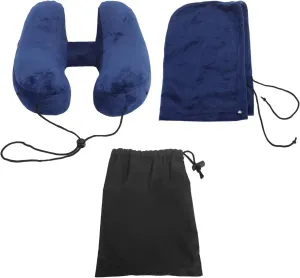 1 Pc Neck Pillow, Inflatable Travel Pillow, H Shaped Detachable and Washable Quick Fill with Storage Bag and Hat Airplane Pillow for Neck Chin Head Support (Navy Blue)