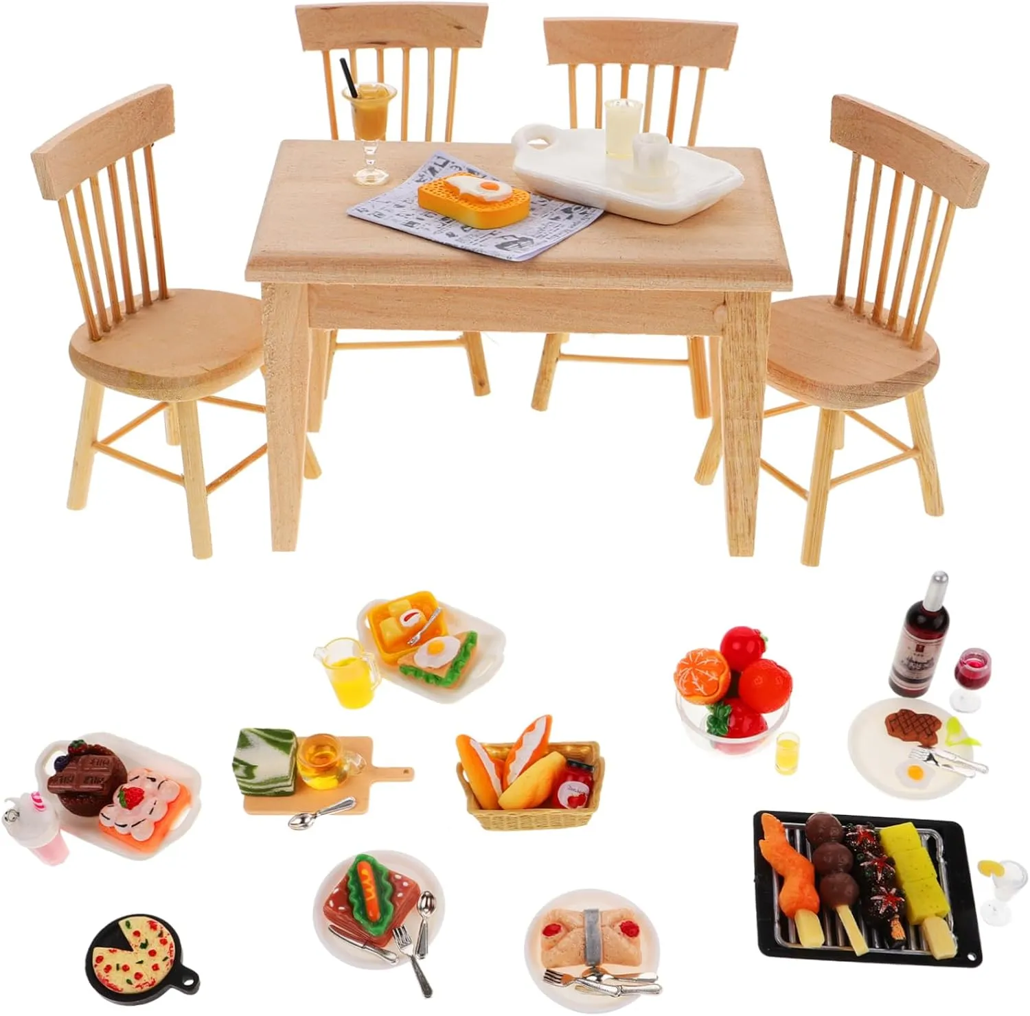 1 Set Miniature Doll House Chair and Dining Table Kitchen Accessories with Food Props for Play and Decor for DIY Scenes and Photo Props