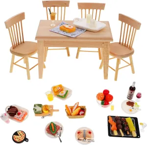 1 Set Miniature Doll House Chair and Dining Table Kitchen Accessories with Food Props for Play and Decor for DIY Scenes and Photo Props