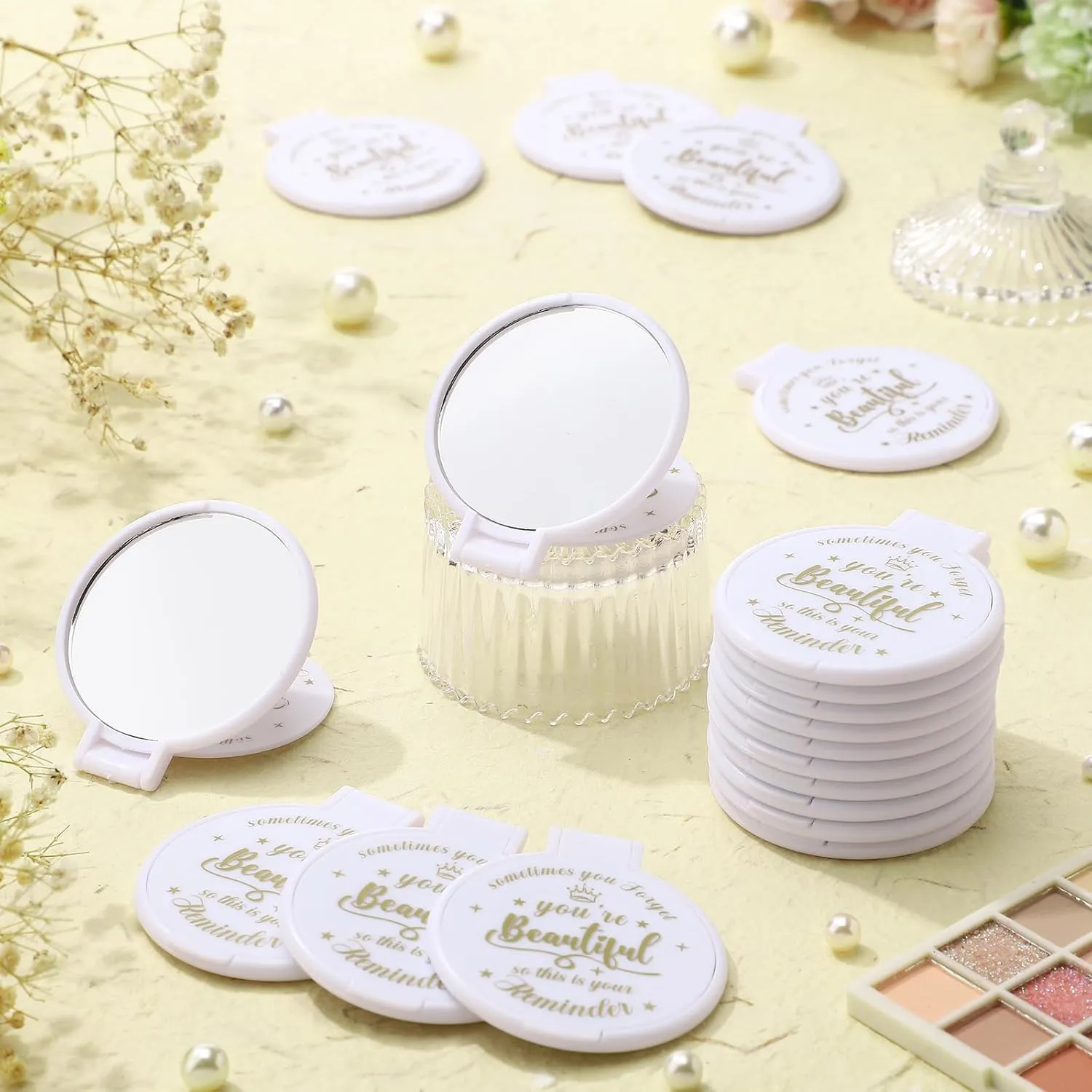 100 Pcs 2.76 Inch Inspirational Compact Mirror Bulk Party Favors Purse Small Mirror Pocket Mini Gifts for Women Adult Coworker Mother's Day Teacher Graduation Friends (White)