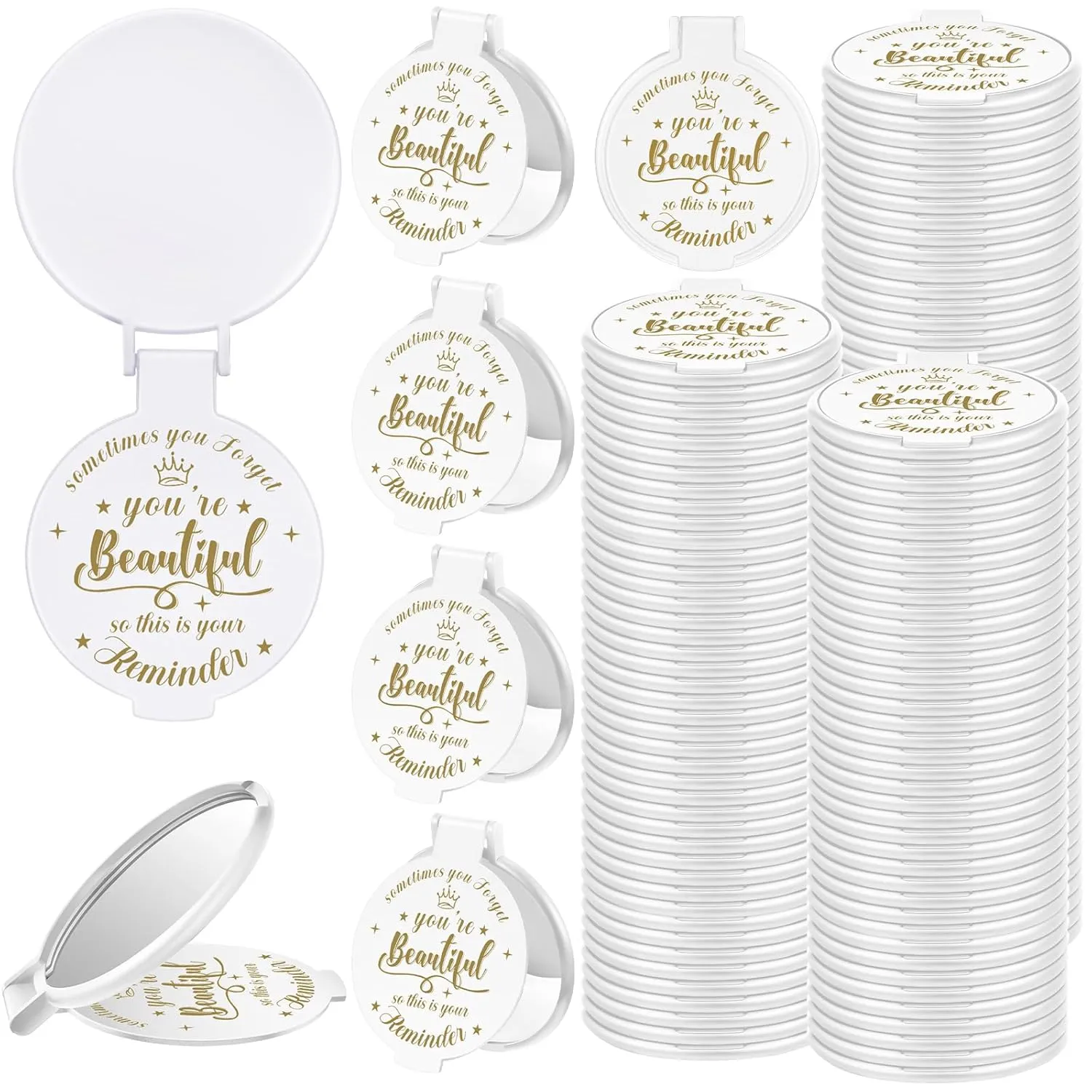 100 Pcs 2.76 Inch Inspirational Compact Mirror Bulk Party Favors Purse Small Mirror Pocket Mini Gifts for Women Adult Coworker Mother's Day Teacher Graduation Friends (White)