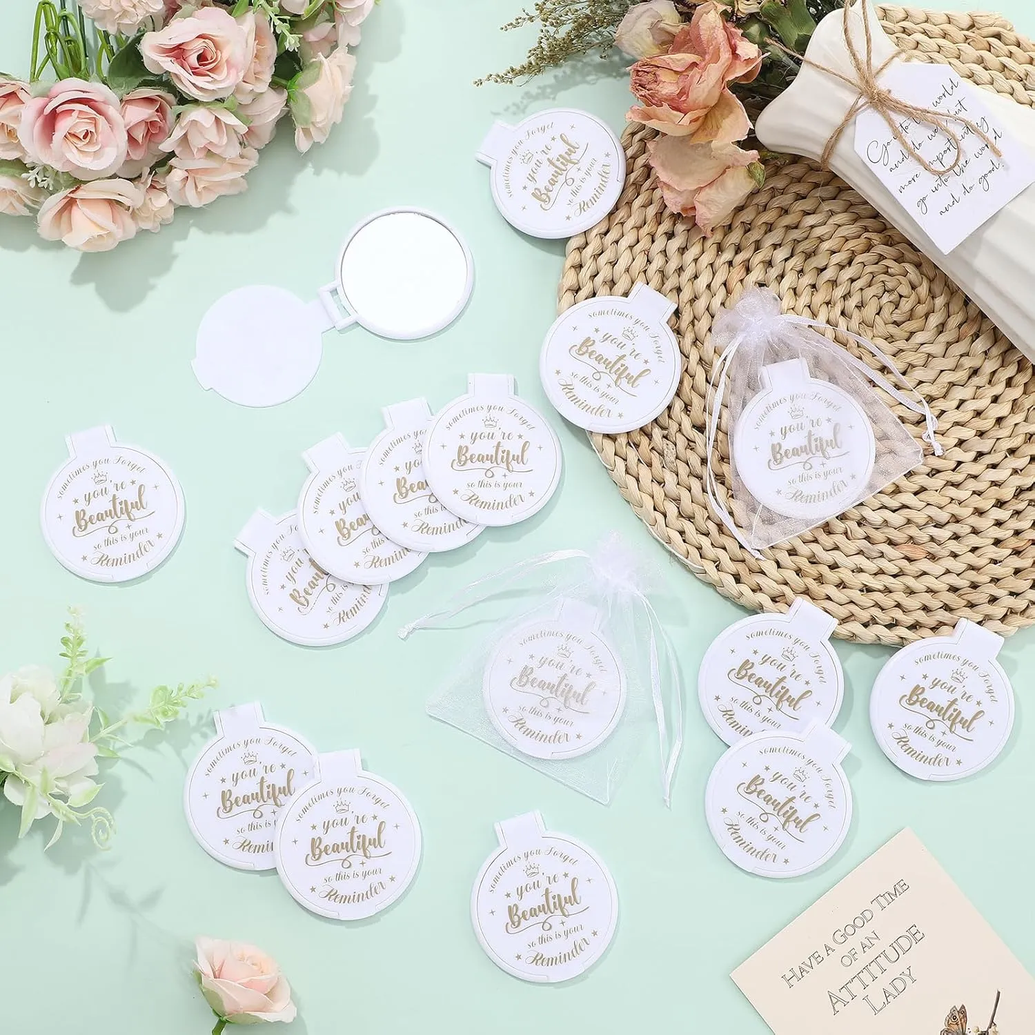 100 Pcs 2.76 Inch Inspirational Compact Mirror Bulk Party Favors Purse Small Mirror Pocket Mini Gifts for Women Adult Coworker Mother's Day Teacher Graduation Friends (White)