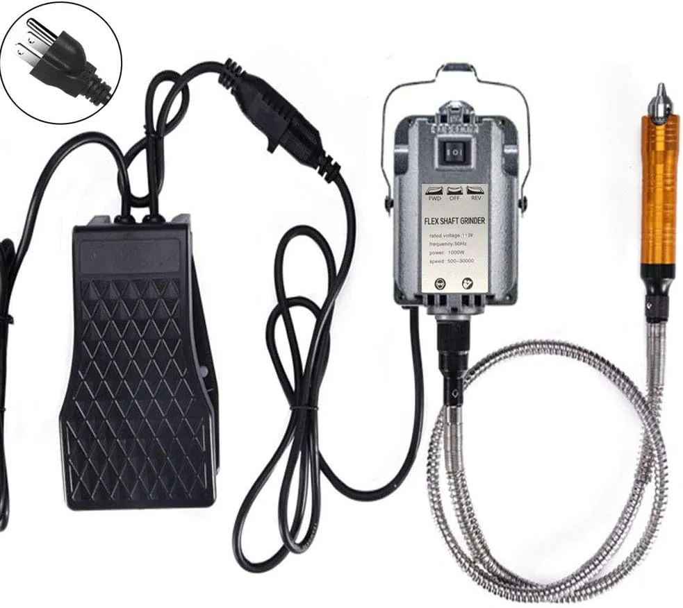 1000W Rotary Tool Flex Shaft Electric Hanging Grinder Carver, Forward and Reverse Rotation, Multi-Function Metalworking Jewelry Repair Kit, Foot Pedal Control, Metal Flexible Shaft, 30000 RPM