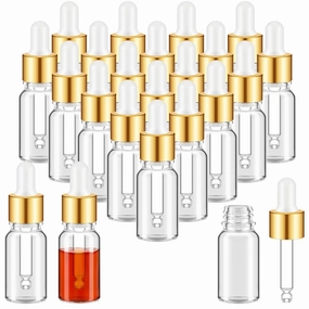 100 Pcs Mini Glass Oil Dropper Bottle Bulk, 10 ml Gold Clear Essential Small Empty Bottles Sample Containers Perfume Liquid Vials with Cap for Traveling
