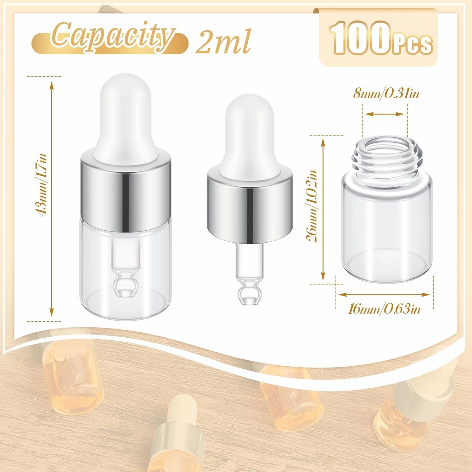 100 Pcs Mini Glass Oil Dropper Bottle Bulk, 2 ml Sliver Clear Essential Small Empty Bottles Sample Containers Perfume Liquid Vials with Cap for Traveling