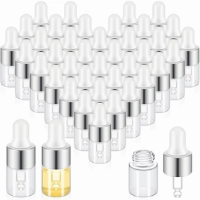 100 Pcs Mini Glass Oil Dropper Bottle Bulk, 2 ml Sliver Clear Essential Small Empty Bottles Sample Containers Perfume Liquid Vials with Cap for Traveling