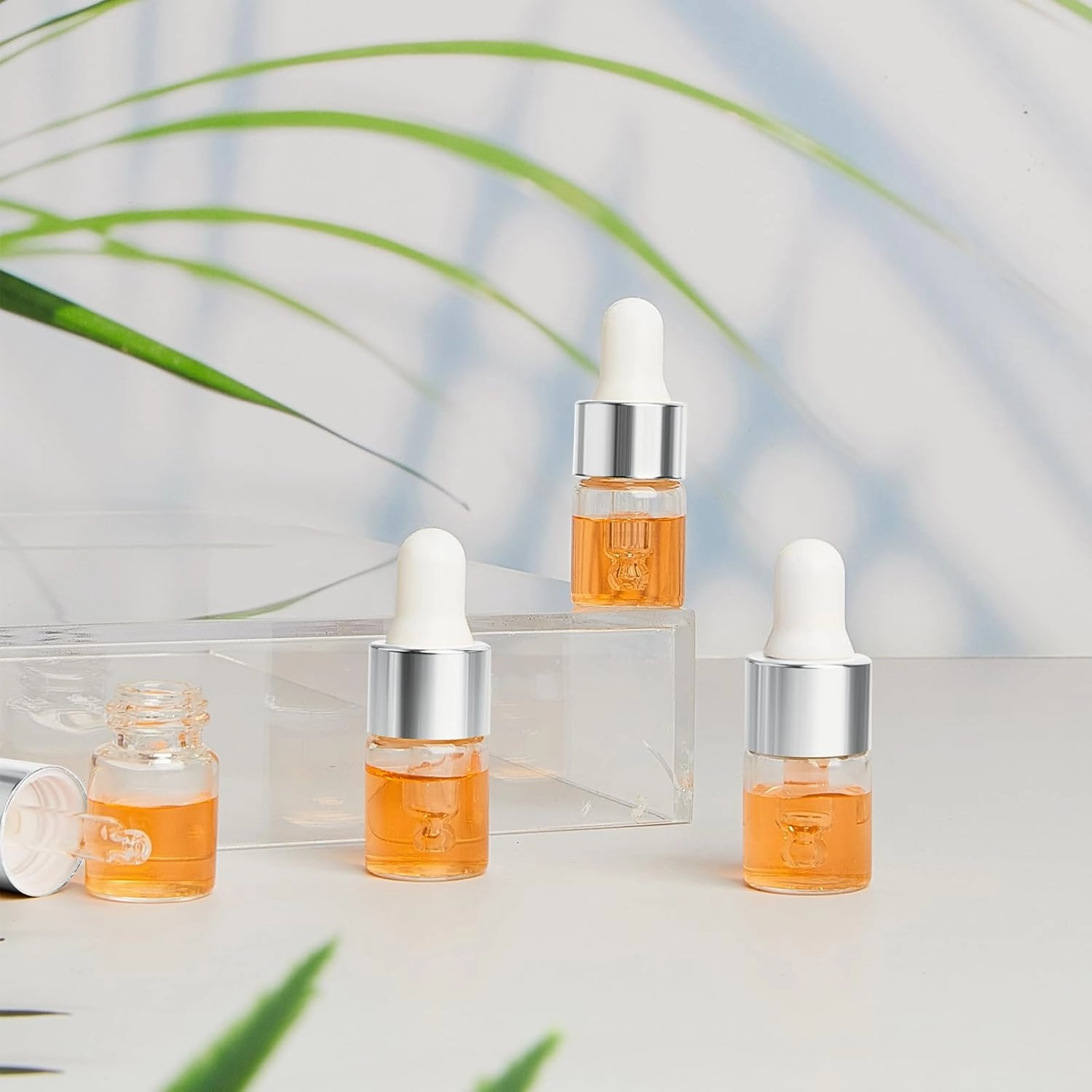 100 Pcs Mini Glass Oil Dropper Bottle Bulk, 2 ml Sliver Clear Essential Small Empty Bottles Sample Containers Perfume Liquid Vials with Cap for Traveling