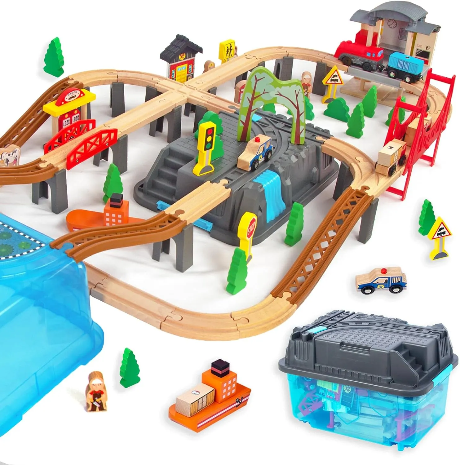 100Pcs Wooden Train Set for 3 Year Old Boys, Double-Side Train Set Tracks with Bridge Train Station & Storage Box, Fits Brio, Thomas, Melissa and Doug, Kids Gift Toys for Boy 3-7 (100pcs)