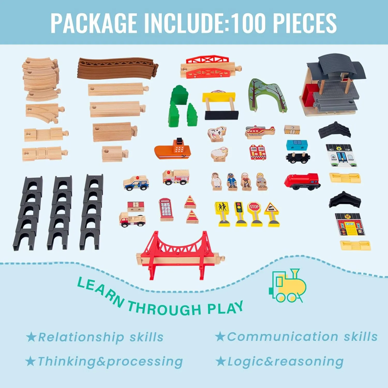 100Pcs Wooden Train Set for 3 Year Old Boys, Double-Side Train Set Tracks with Bridge Train Station & Storage Box, Fits Brio, Thomas, Melissa and Doug, Kids Gift Toys for Boy 3-7 (100pcs)