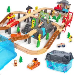 100Pcs Wooden Train Set for 3 Year Old Boys, Double-Side Train Set Tracks with Bridge Train Station & Storage Box, Fits Brio, Thomas, Melissa and Doug, Kids Gift Toys for Boy 3-7 (100pcs)