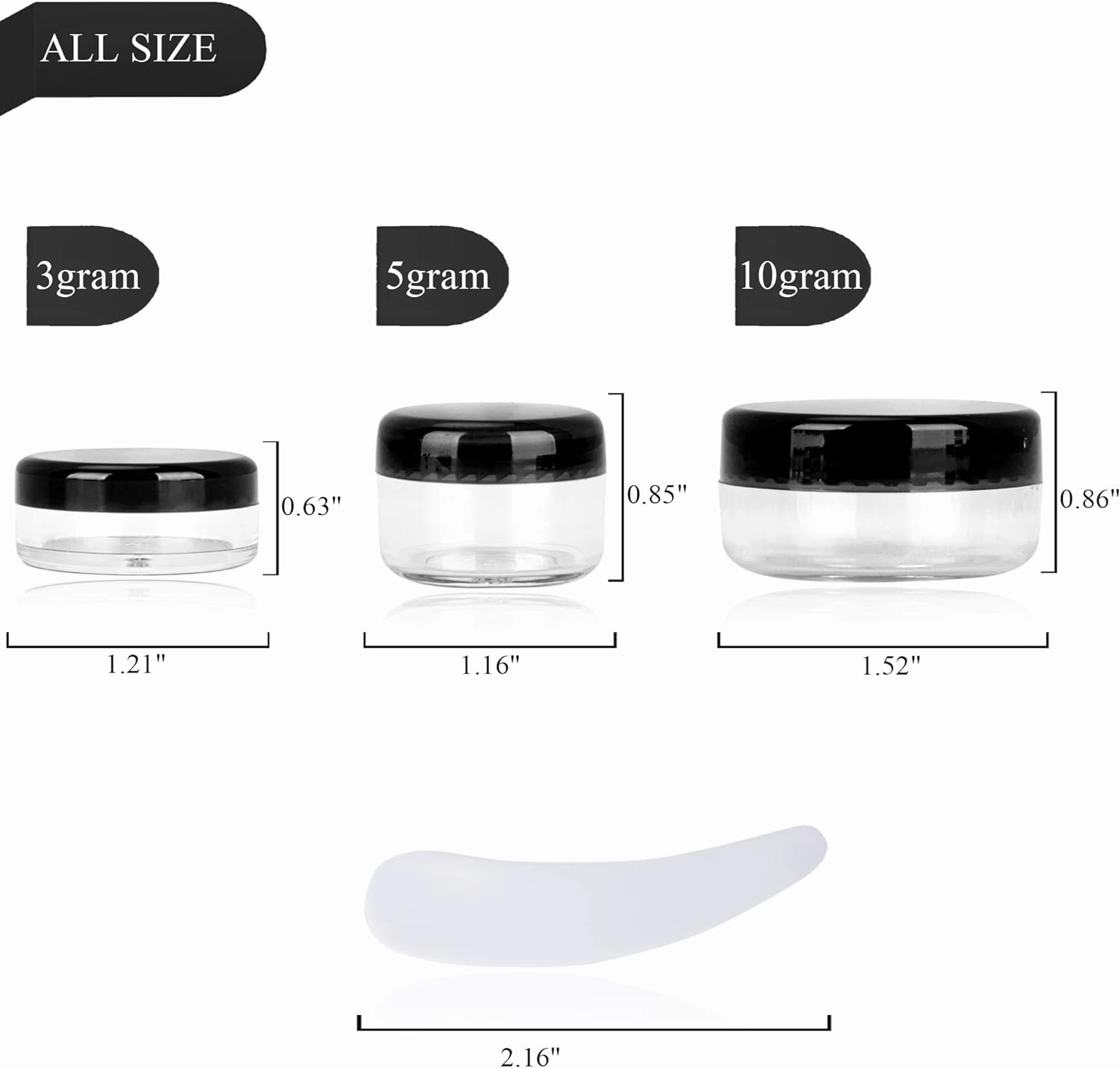 100PCS 10 Gram Sample Containers,10ml Empty Jars with Lids, Small Cosmetic Containers, Mini Sample Jars with 8PCS Mini Spatulas for Make Up, Oils, Lotion, Powder, Paint, Jewelry, Lip Balms(Black Lid)