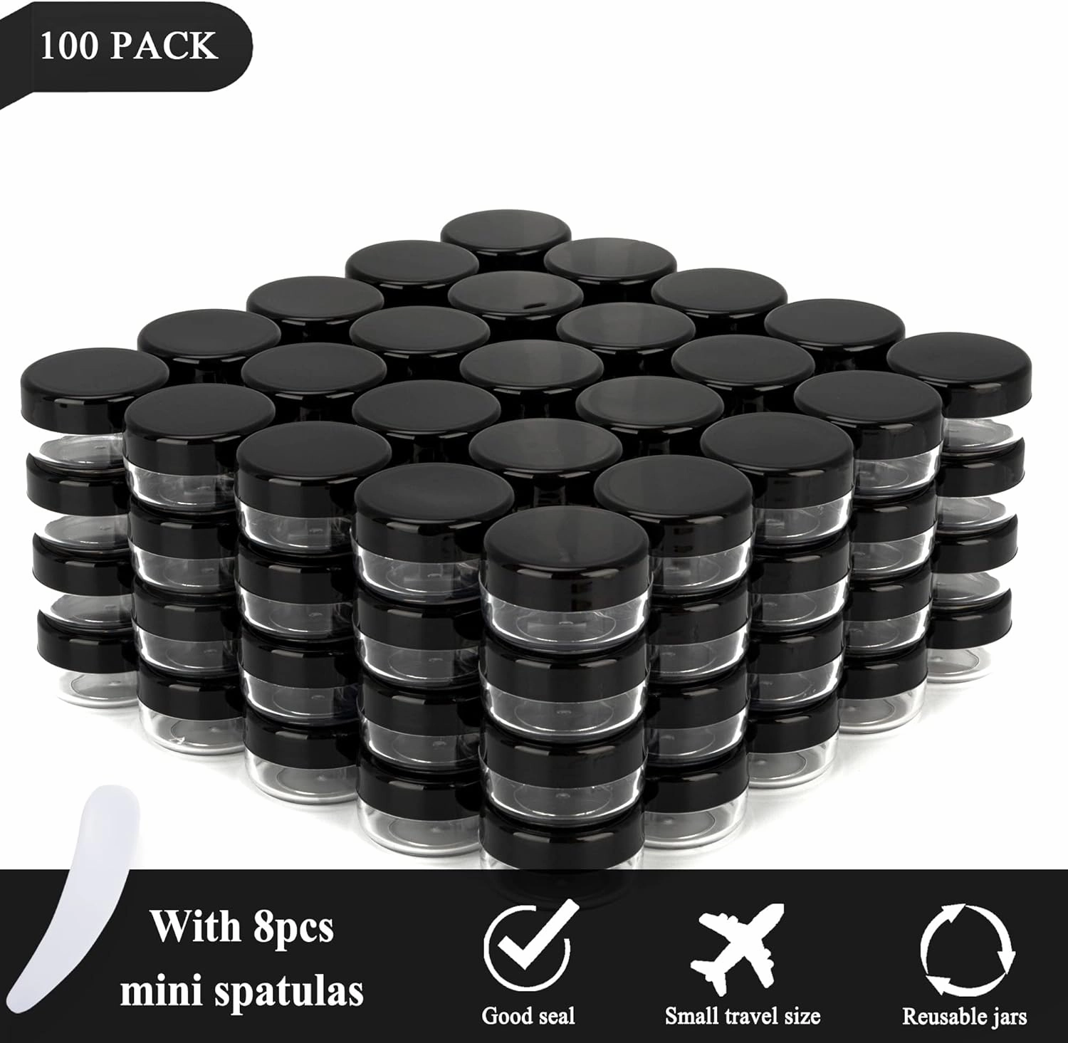 100PCS 10 Gram Sample Containers,10ml Empty Jars with Lids, Small Cosmetic Containers, Mini Sample Jars with 8PCS Mini Spatulas for Make Up, Oils, Lotion, Powder, Paint, Jewelry, Lip Balms(Black Lid)