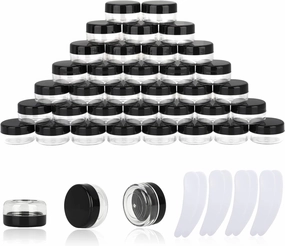 100PCS 10 Gram Sample Containers,10ml Empty Jars with Lids, Small Cosmetic Containers, Mini Sample Jars with 8PCS Mini Spatulas for Make Up, Oils, Lotion, Powder, Paint, Jewelry, Lip Balms(Black Lid)