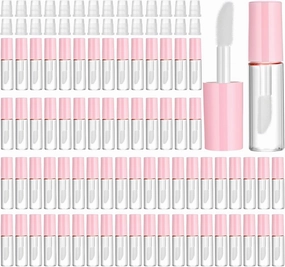 100PCS 1.2ML Clear Mini Lip Gloss Tube Bulk Empty Lipgloss Tubes with Wand and Rubber Insert for Different Samples Travel Split Charging DIY Makeup(Pink)