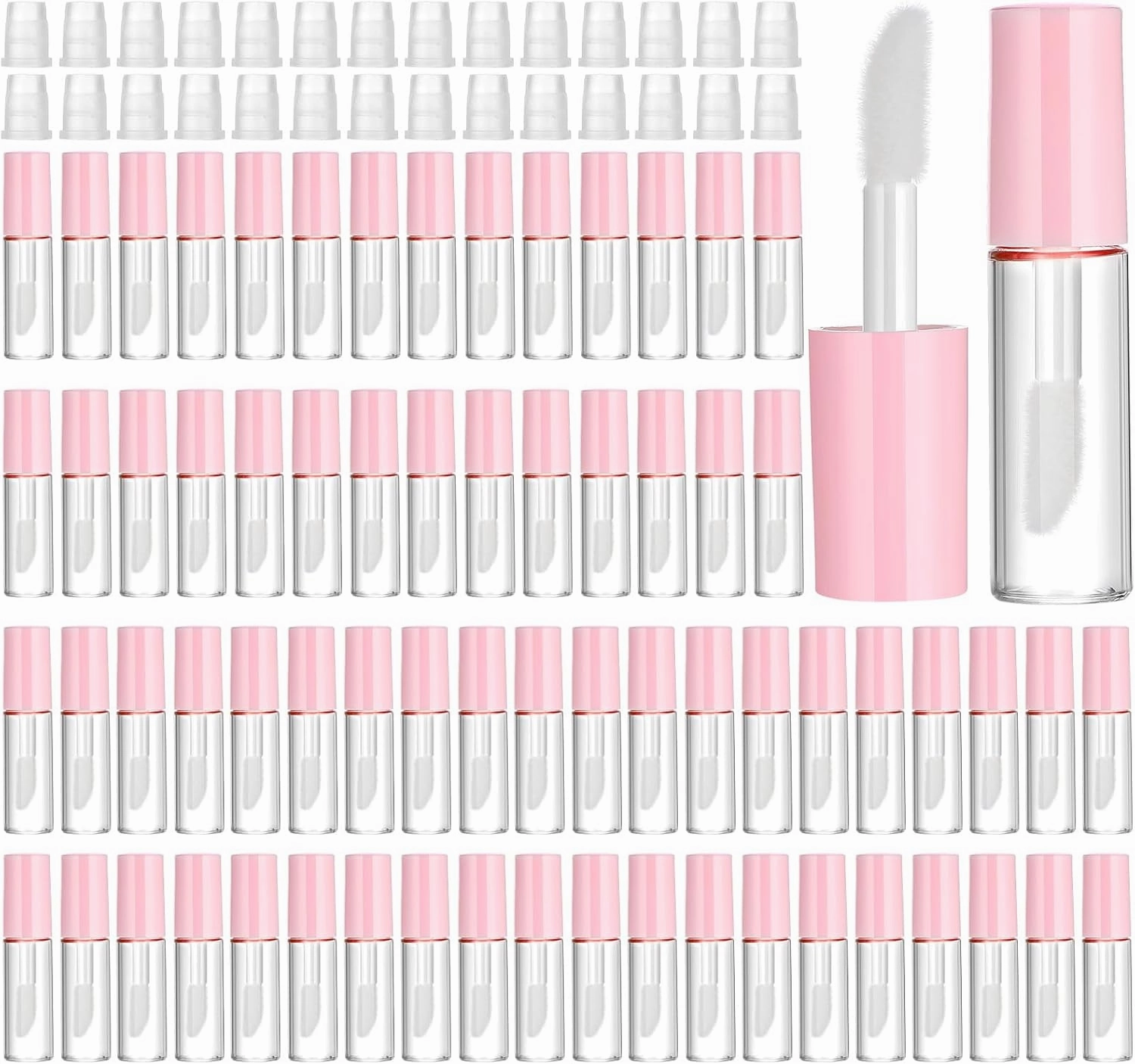 100PCS 1.2ML Clear Mini Lip Gloss Tube Bulk Empty Lipgloss Tubes with Wand and Rubber Insert for Different Samples Travel Split Charging DIY Makeup(Pink)