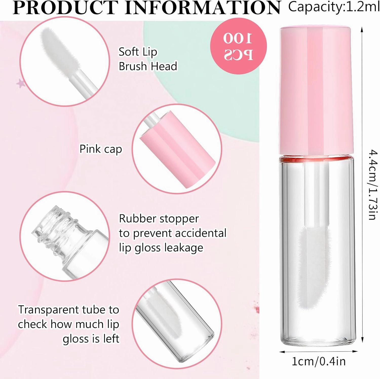 100PCS 1.2ML Clear Mini Lip Gloss Tube Bulk Empty Lipgloss Tubes with Wand and Rubber Insert for Different Samples Travel Split Charging DIY Makeup(Pink)