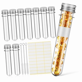 10 Pack Plastic Test Tubes Test Tube Set Screw Caps Labels for Lab Cleaning Art Miniature Artworks