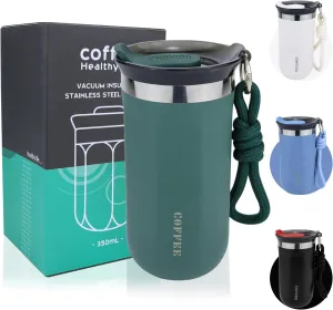 11 Oz Insulated Travel Coffee Mug - Green Reusable Cup With Lid, Spill Proof, Stainless Steel for Hot and Iced Cold Drinks