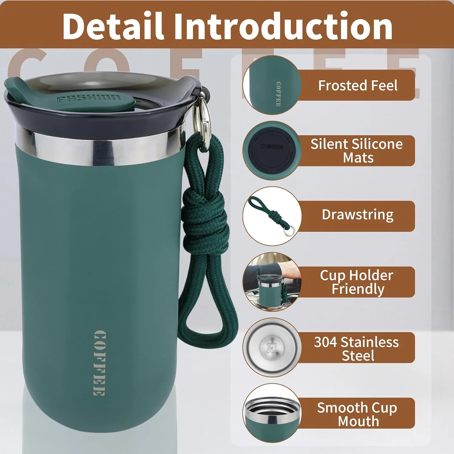 11 Oz Insulated Travel Coffee Mug - Green Reusable Cup With Lid, Spill Proof, Stainless Steel for Hot and Iced Cold Drinks