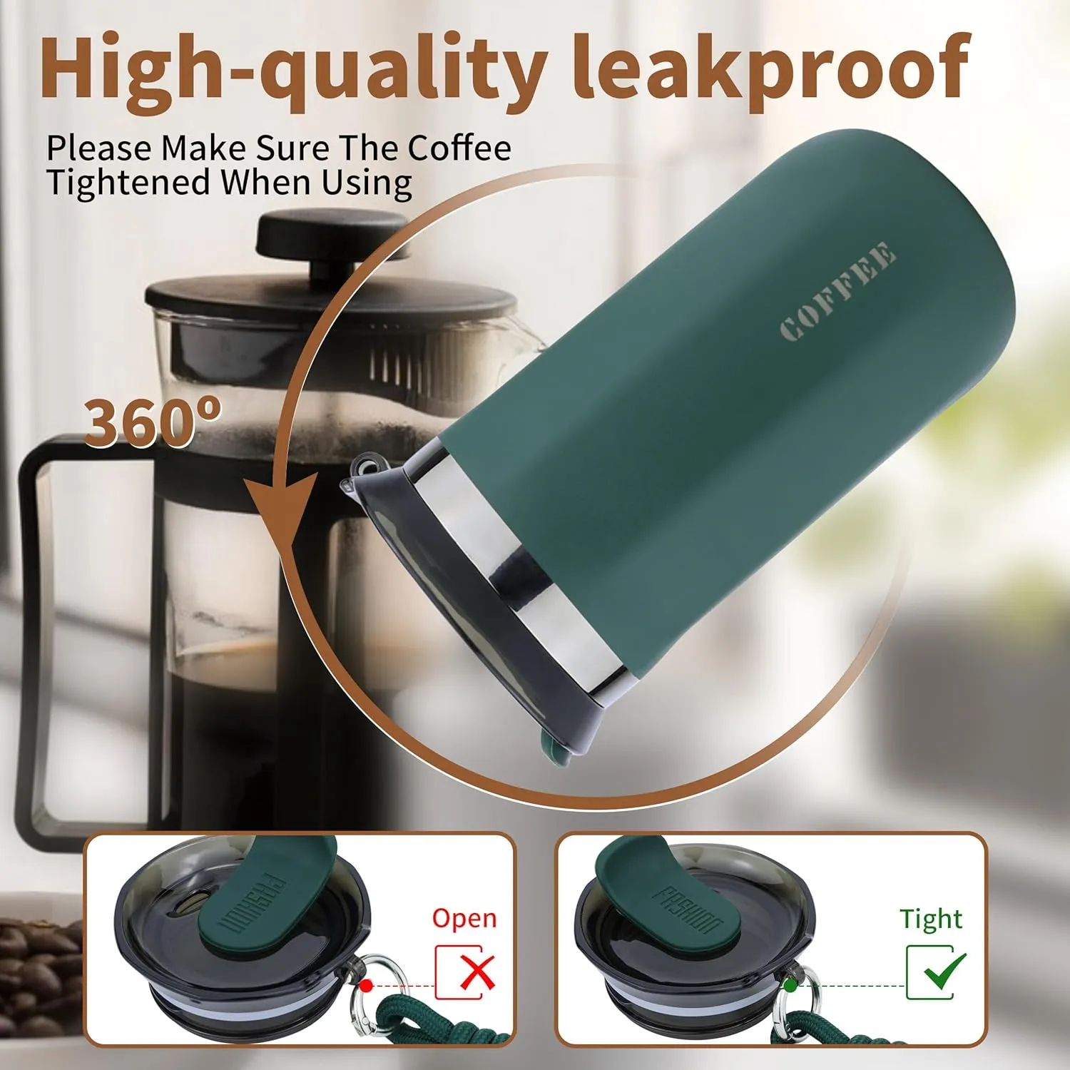 11 Oz Insulated Travel Coffee Mug - Green Reusable Cup With Lid, Spill Proof, Stainless Steel for Hot and Iced Cold Drinks