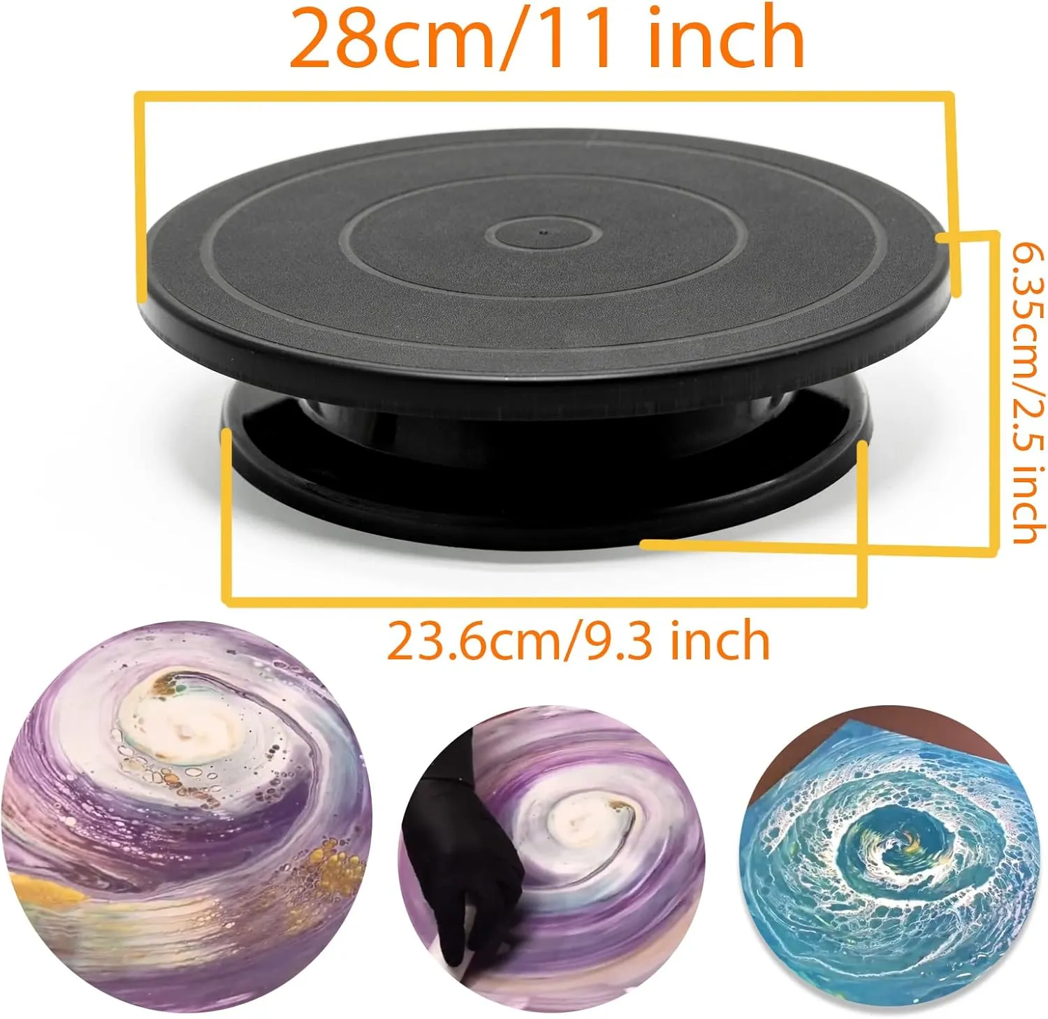 11”Rotate Turntable Sculpting Wheel Revolving Cake Turnable Black Painting Turn Table Stand for Paint Spraying Spinner,with Cone Canvas-Acrylic&Epoxy Pouring Paint Canvas Support Stands