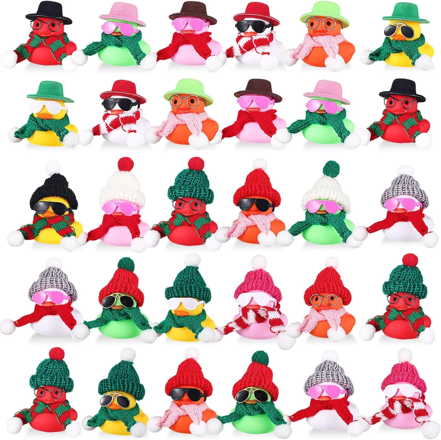 120 Pcs Winter Rubber Duck Bulk Car Ornaments Mini Rubber Duck Decoration with Beanie Hat Scarves Sunglasses for Desk Bedroom Office Accessory Decor