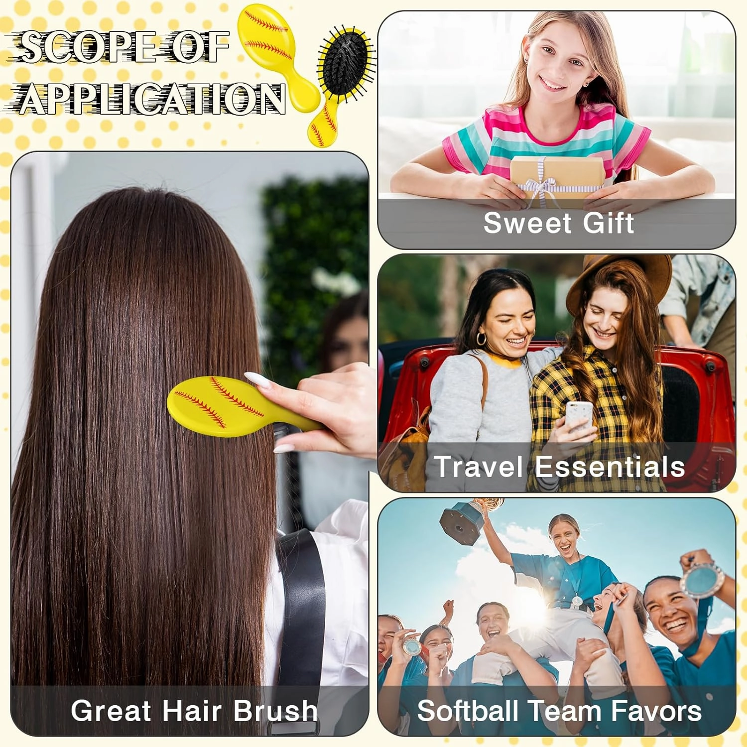 12 Pcs Softball Mini Detangler Brush, Mini Travel Hair Brush, Bristles Plastic Detangling Brush, No Tangle Soft Flexible Bristles for Straight, Curly, Thick Hair for Softball Team Gift Sport Party