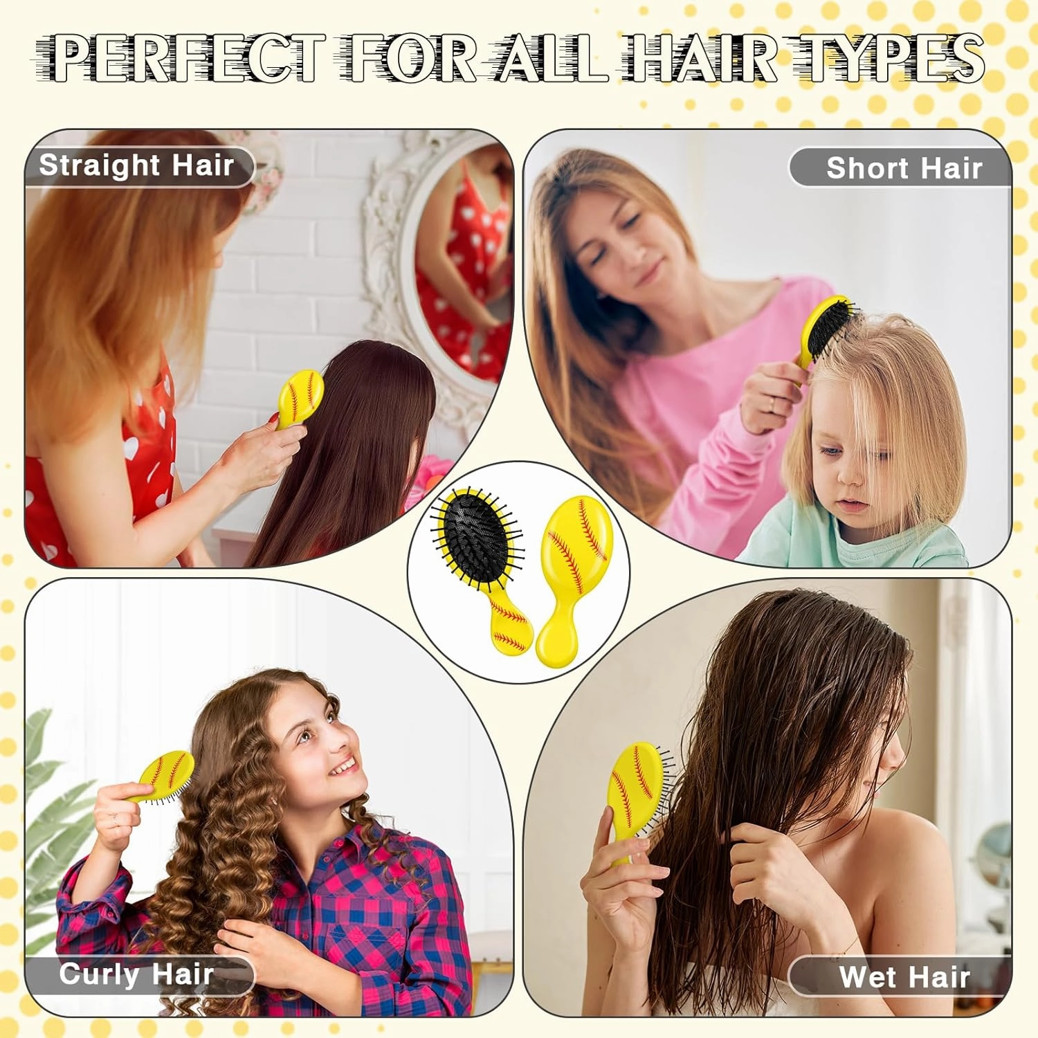 12 Pcs Softball Mini Detangler Brush, Mini Travel Hair Brush, Bristles Plastic Detangling Brush, No Tangle Soft Flexible Bristles for Straight, Curly, Thick Hair for Softball Team Gift Sport Party