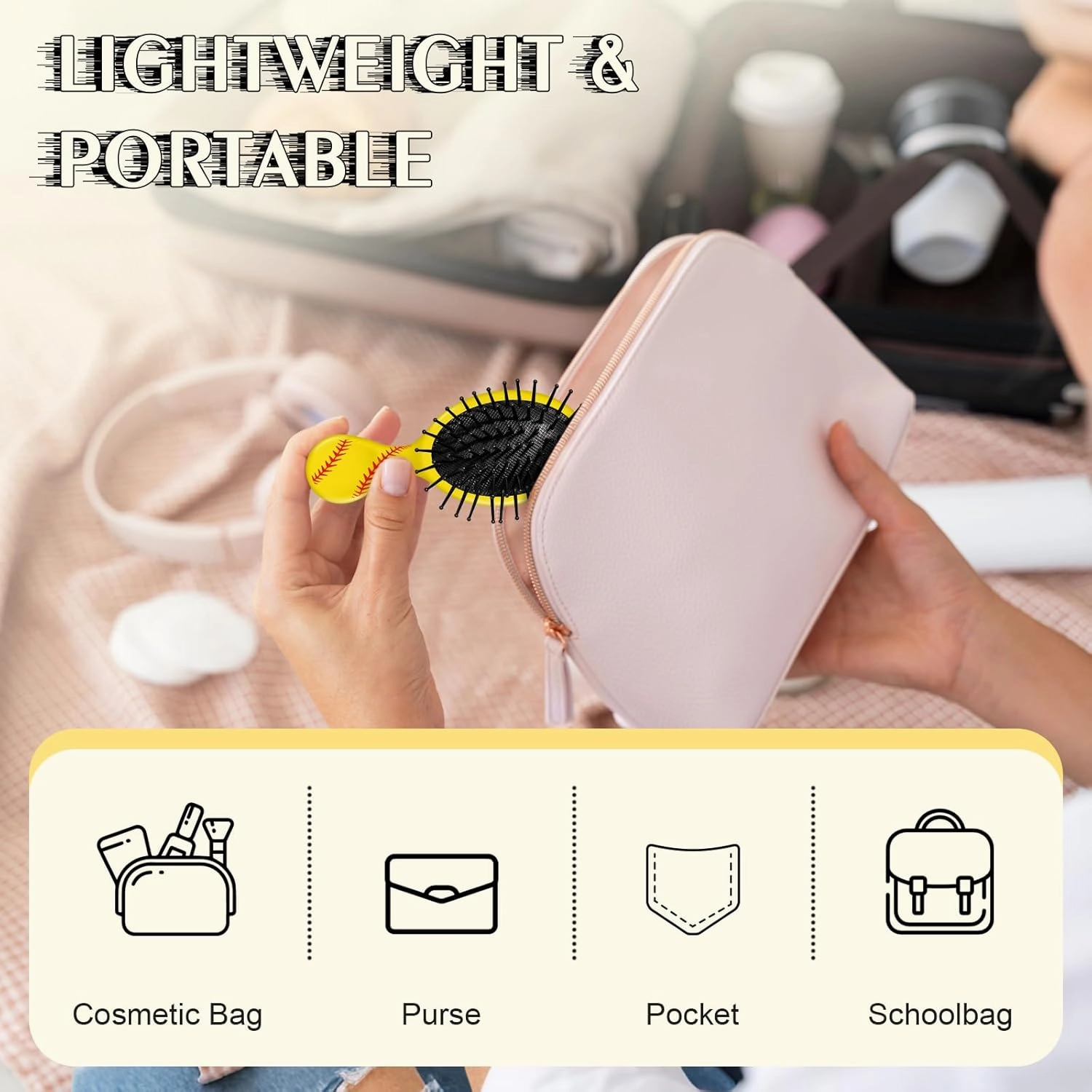 12 Pcs Softball Mini Detangler Brush, Mini Travel Hair Brush, Bristles Plastic Detangling Brush, No Tangle Soft Flexible Bristles for Straight, Curly, Thick Hair for Softball Team Gift Sport Party