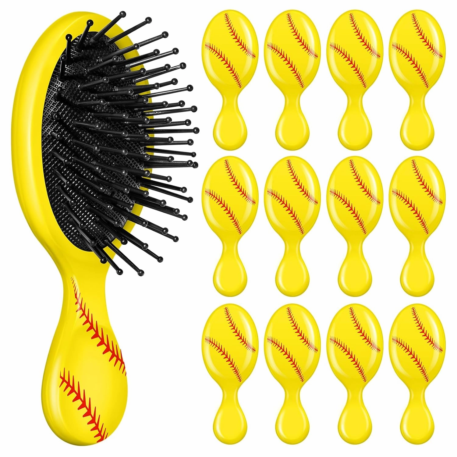 12 Pcs Softball Mini Detangler Brush, Mini Travel Hair Brush, Bristles Plastic Detangling Brush, No Tangle Soft Flexible Bristles for Straight, Curly, Thick Hair for Softball Team Gift Sport Party