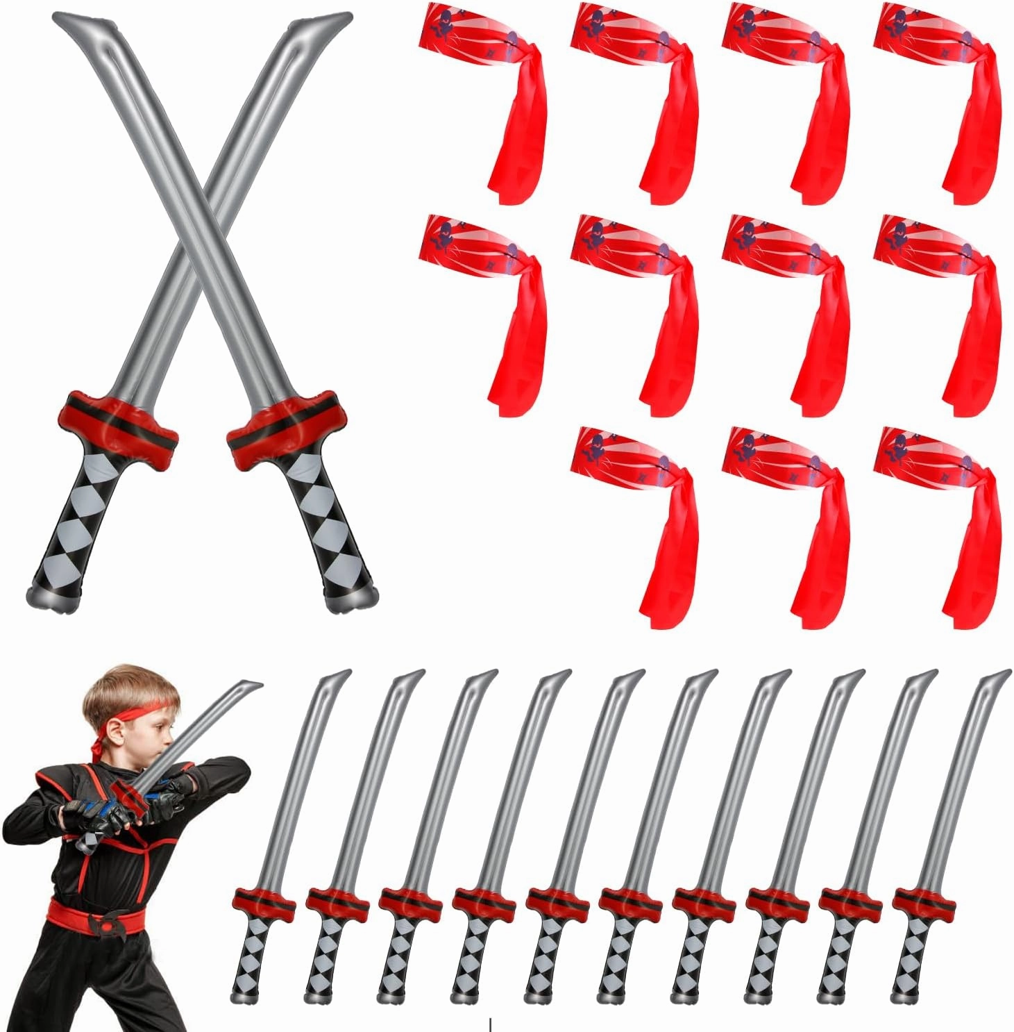 12PCS Inflatable Ninja Samurai Swords and 12PCS Ninjas Headbands, Inflatable Samurai Sword Toy Set Blow Up Katana Sword Cosplay Ninja Themed Party Accessories for Boys Girls Birthday