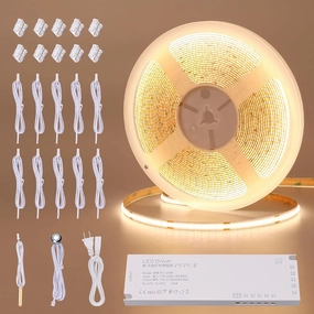 12V COB LED Under Cabinet Strip Lighting Kit 32.8ft, 3000K Warm White Cuttable LED Tape Lights 8W/M CRI 93 320LEDs/M with Dimmer and Power Supply for Kitchen Bookcase Shelf Display