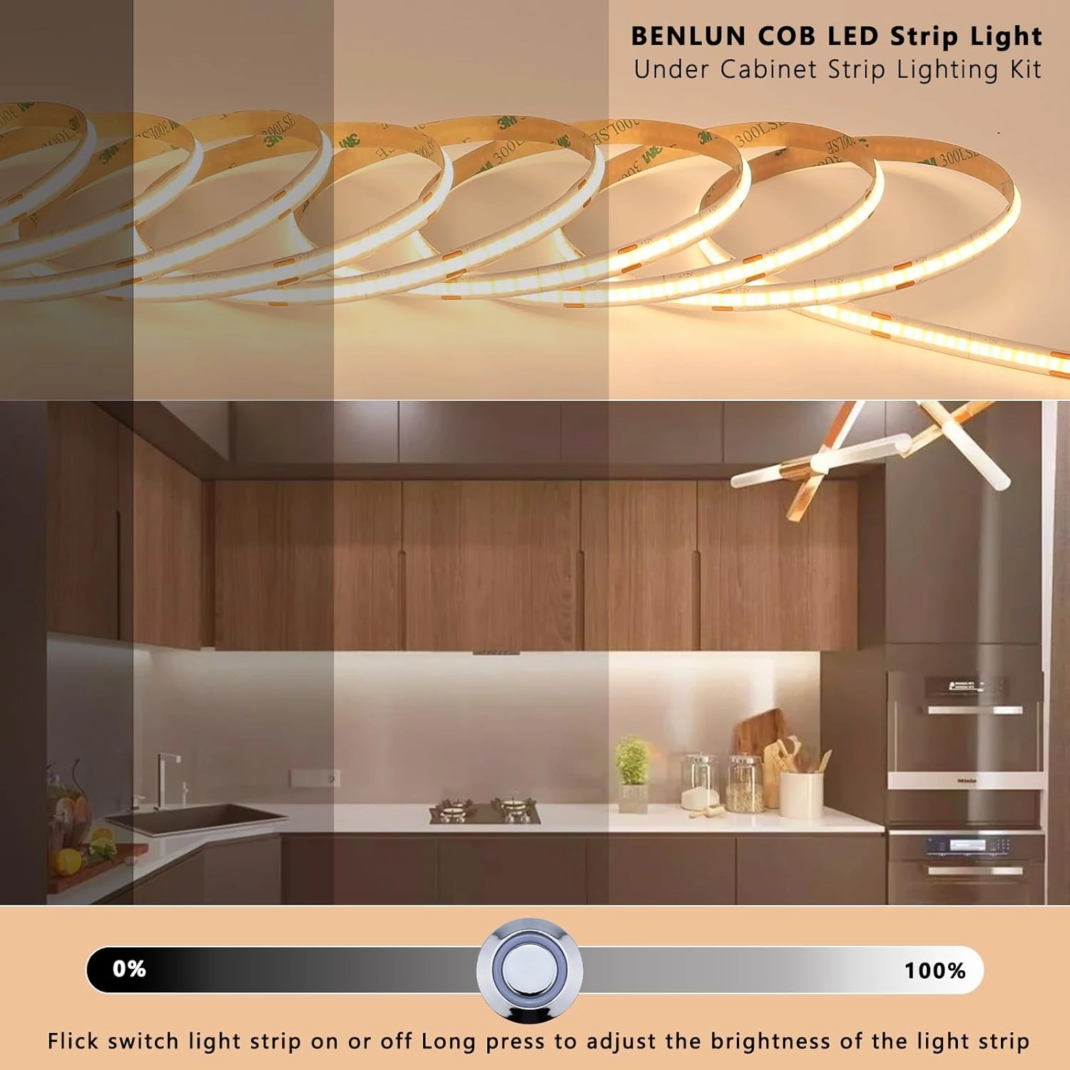 12V COB LED Under Cabinet Strip Lighting Kit 32.8ft, 3000K Warm White Cuttable LED Tape Lights 8W/M CRI 93 320LEDs/M with Dimmer and Power Supply for Kitchen Bookcase Shelf Display