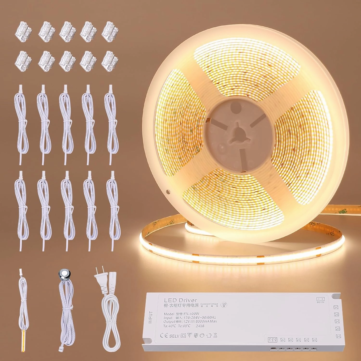 12V COB LED Under Cabinet Strip Lighting Kit 32.8ft, 3000K Warm White Cuttable LED Tape Lights 8W/M CRI 93 320LEDs/M with Dimmer and Power Supply for Kitchen Bookcase Shelf Display
