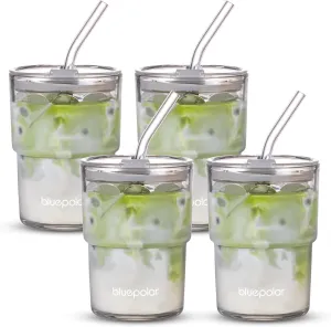 13oz/400ml Glass Water Tumbler with Straw and Lid Sealed Carry On Thick Wall Iced Coffee Cup Glass Cup for Water, Iced Tea Fruit Juice Etc(Aurora White-4Pack)