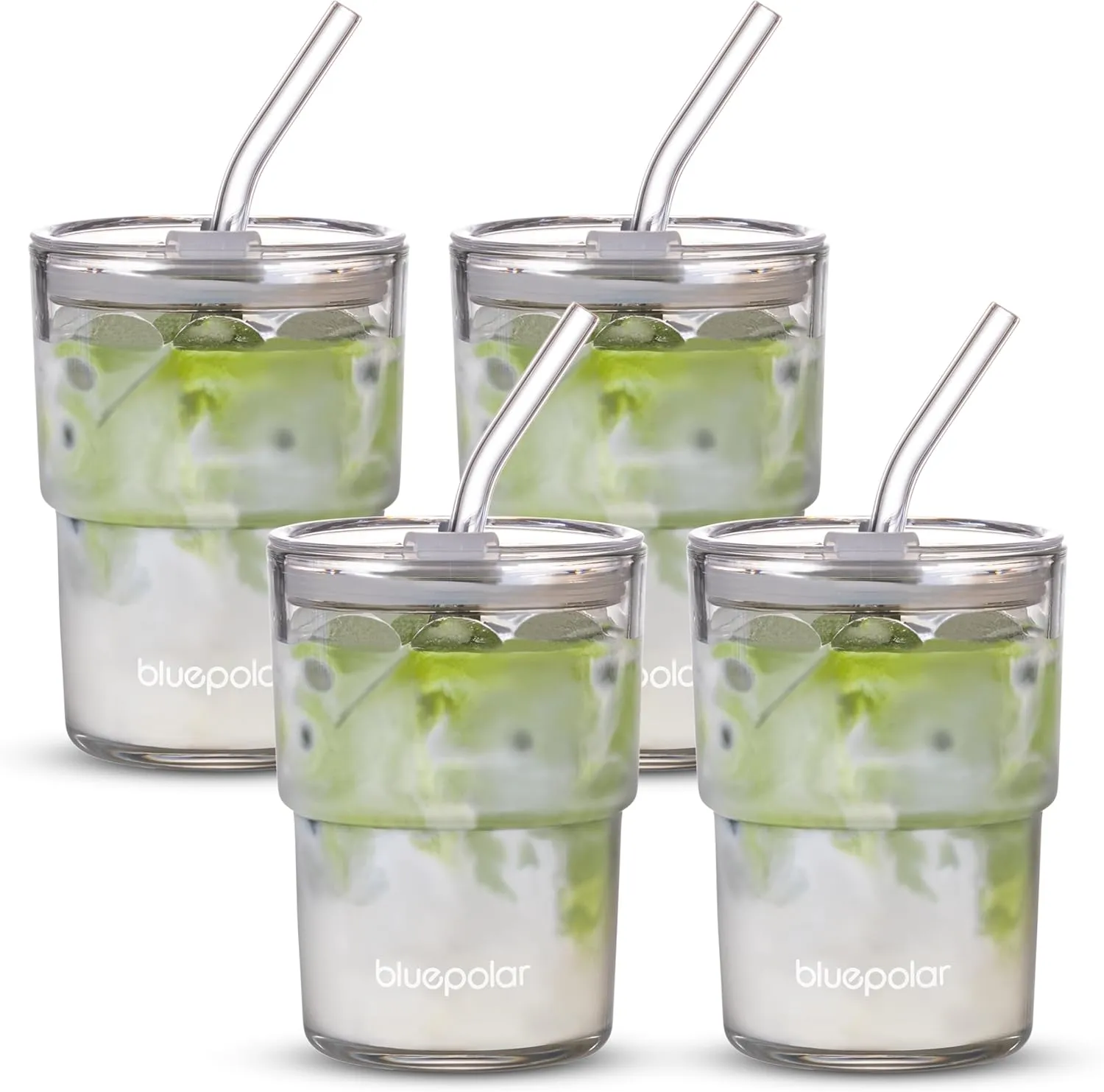 13oz/400ml Glass Water Tumbler with Straw and Lid Sealed Carry On Thick Wall Iced Coffee Cup Glass Cup for Water, Iced Tea Fruit Juice Etc(Aurora White-4Pack)
