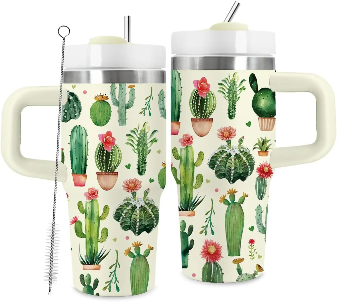 14oz Cactus Tumbler with Handle and Straw, Stainless Steel Vacuum Insulated Tumblers, Birthday Gifts for Cactus Lover, Daughter, Son, Sister