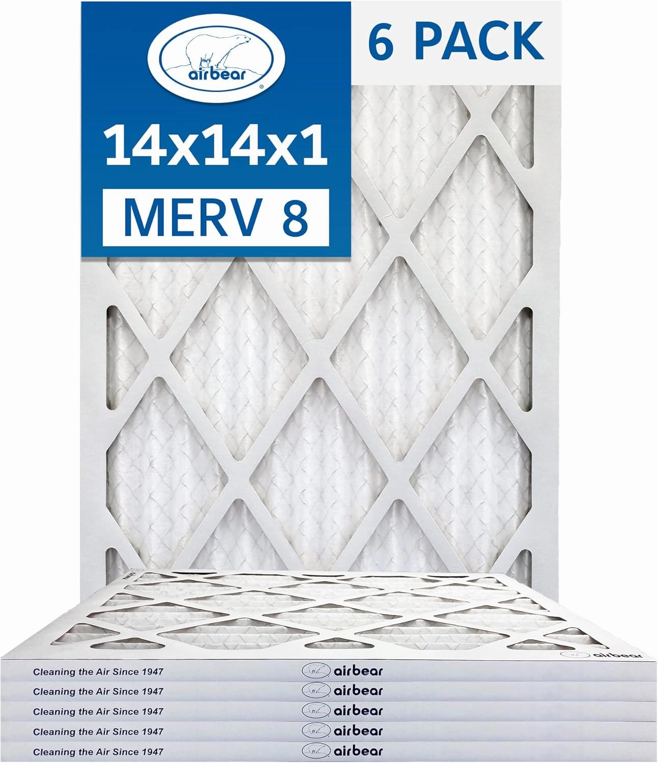14x14x1 Air Filter MERV 8 (6-Pack) TRION Air Bear Pleated HVAC Air Filters Replacement (Actual Size: 13.50 x 13.50 x 0.75 Inches)