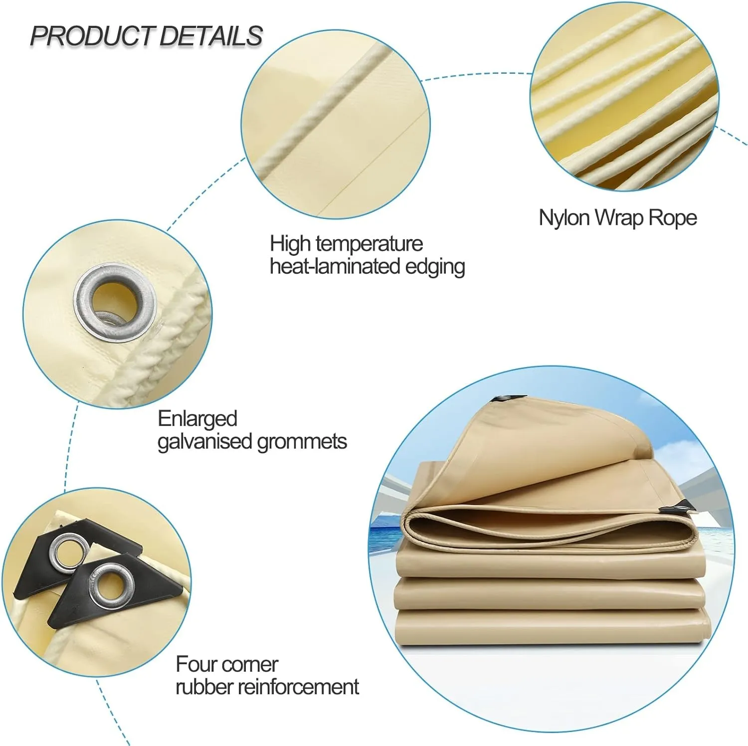 1.5mx6m/2mx2m/2mx3m/2mx4m/3mx6m Beige Heavy Duty Tarpaulin Cover 500g/㎡ PVC Waterproof Tarpaulins Sheet for Rain Shelter, Camping, Outdoor and Pool Tarp Cover, with Metal Grommets(1x1m)