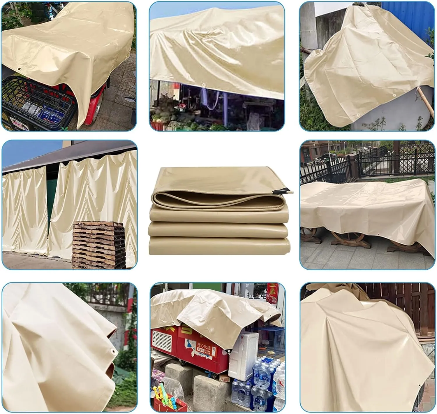 1.5mx6m/2mx2m/2mx3m/2mx4m/3mx6m Beige Heavy Duty Tarpaulin Cover 500g/㎡ PVC Waterproof Tarpaulins Sheet for Rain Shelter, Camping, Outdoor and Pool Tarp Cover, with Metal Grommets(1x1m)