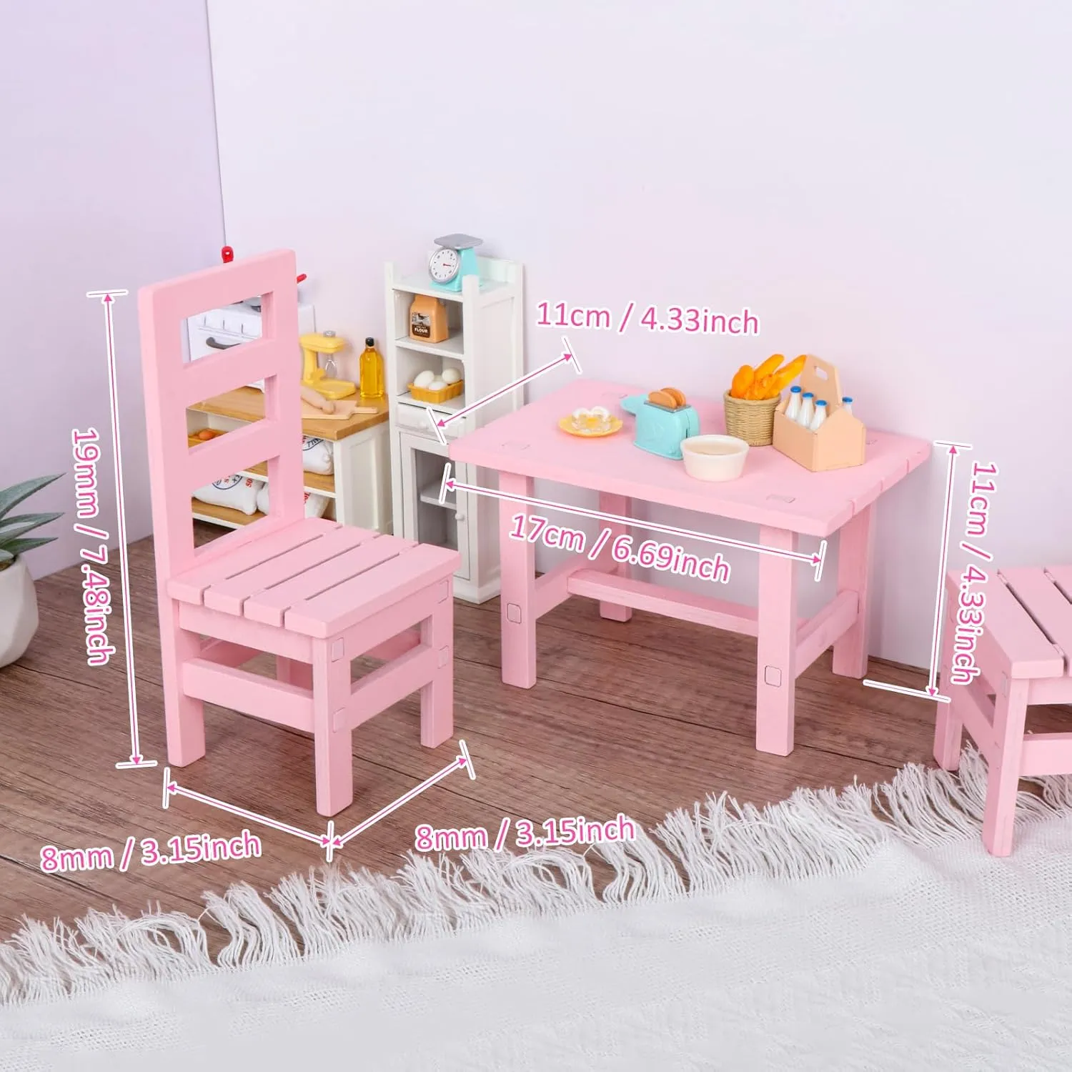 1/6 Doll Furniture, Wooden Square Chairs 3pcs/Set, Dollhouse Dining Room Living Room Decor, 12inch Doll Furnishings Model Toy, Pink