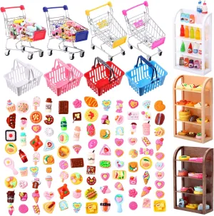 161 Pcs Mini Shopping Cart Basket with Food Miniature Grocery Supermarket Trolleys Doll House Accessories Drink Bottle Kids Toy Cosplay Game for Party Accessory(Stylish Colors)