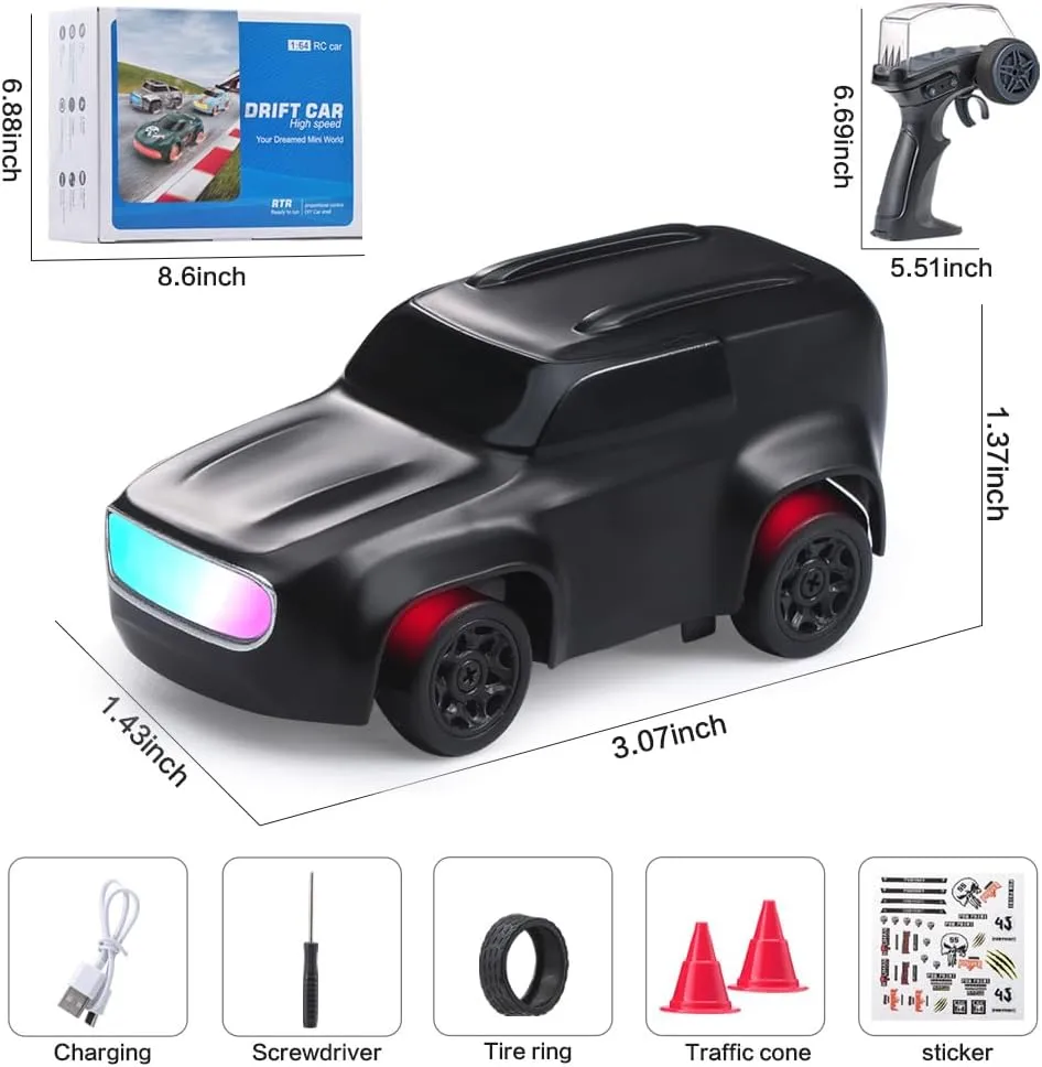 1/64 Mini RC Drift Car 4WD High-Speed Desktop Toy Remote Control Sports Cars 2.4Ghz Racing Model Ideal for Racer Kids and Adults (K12 Black)