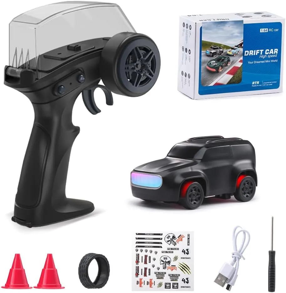 1/64 Mini RC Drift Car 4WD High-Speed Desktop Toy Remote Control Sports Cars 2.4Ghz Racing Model Ideal for Racer Kids and Adults (K12 Black)