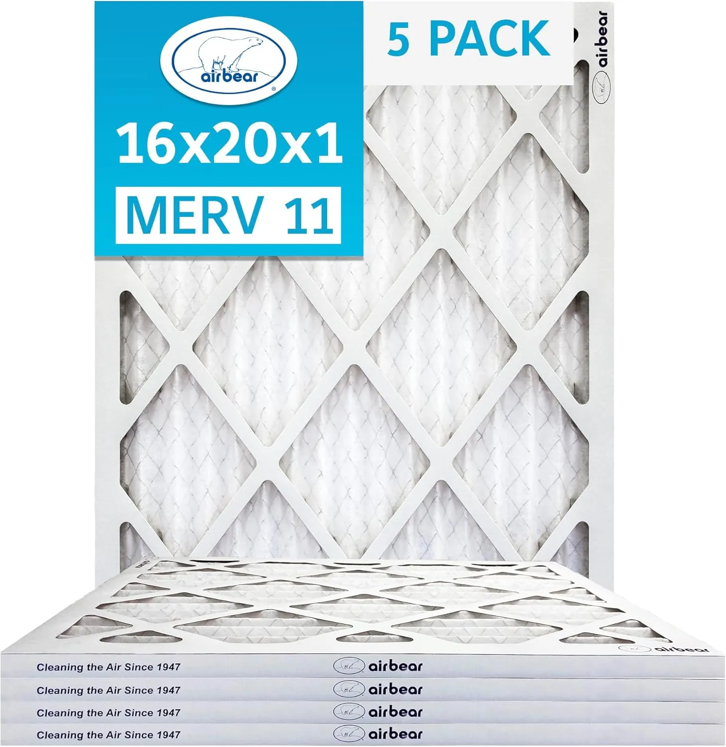 16x20x1 Air Filter MERV 11 (5-Pack) TRION Air Bear Pleated HVAC Air Filters Replacement (Actual Size: 15.50 x 19.50 x 0.75 Inches)