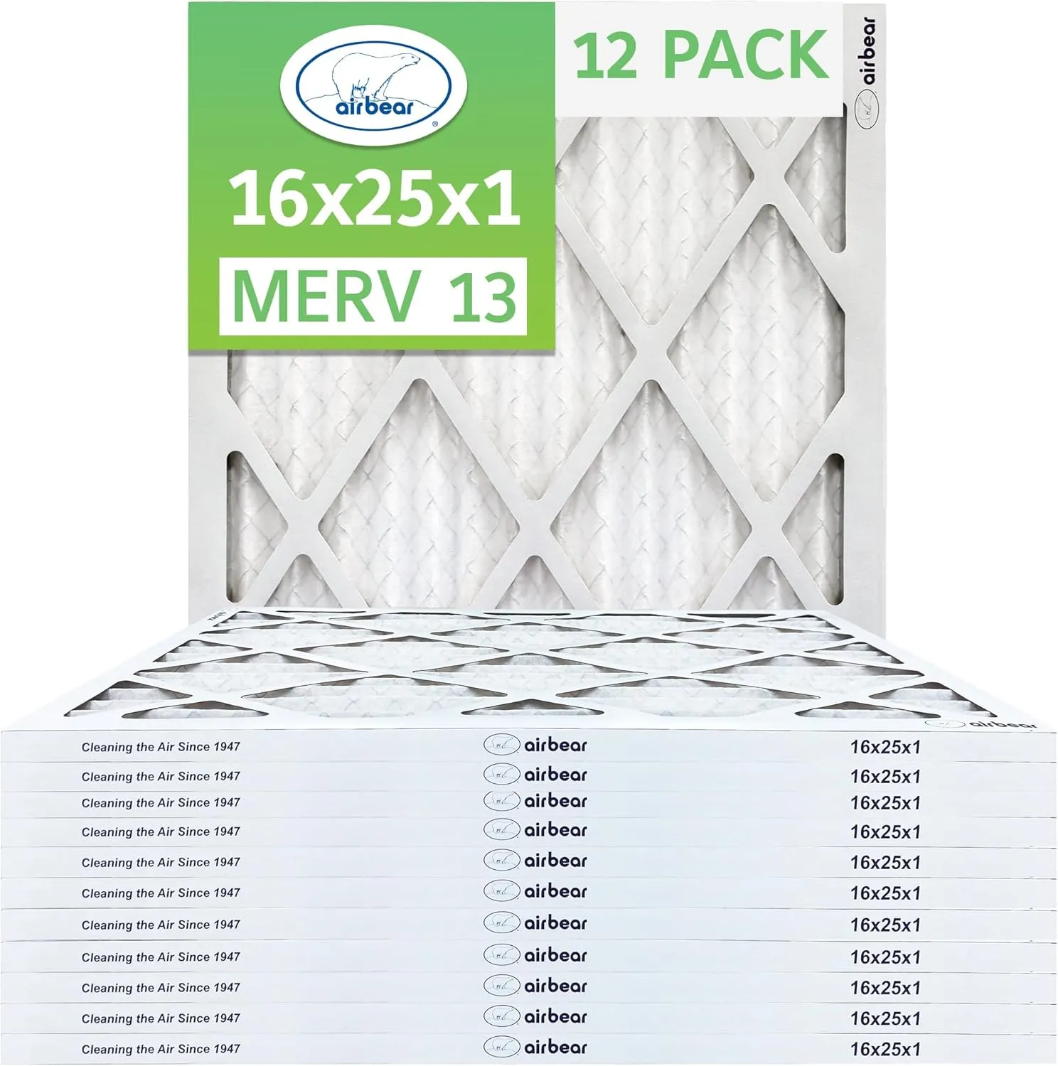 16x25x1 Air Filter MERV 13 (12-Pack) TRION Air Bear Pleated HVAC Air Filter Replacement (Actual Size: 15.50 x 24.50 x 0.75 Inches)