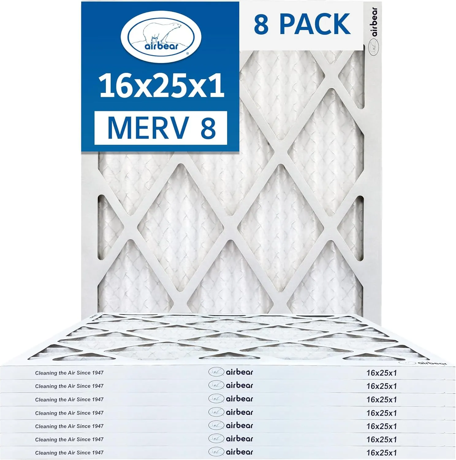 16x25x1 Air Filter MERV 8 (8-Pack) TRION Air Bear Pleated HVAC Air Filters Replacement (Actual Size: 15.50 x 24.50 x 0.75 Inches)