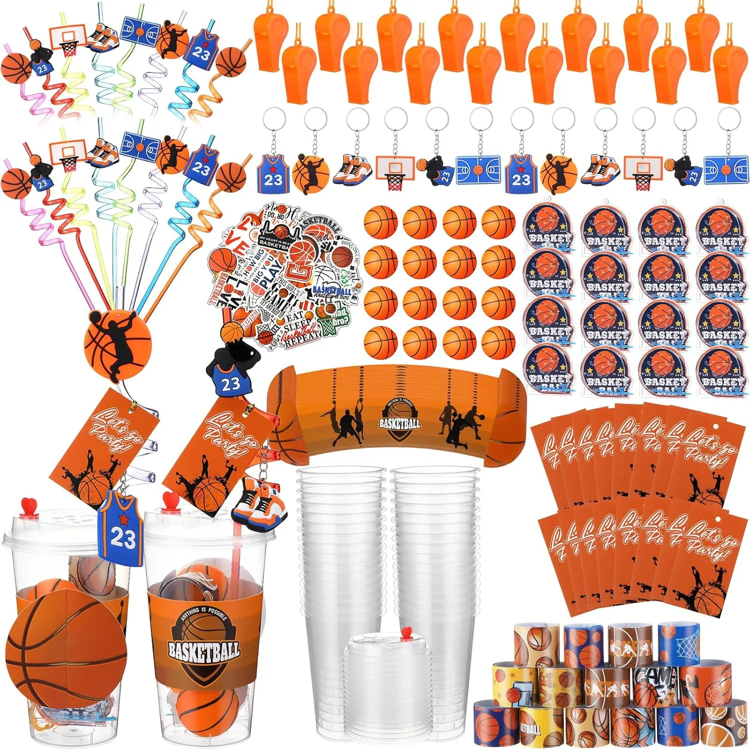 195 Pcs Basketball Party Favors Set Goodie Bag Stuffer with Cup Straw Sleeve Bouncy Ball Pinball Machine Whistle Keychain Sticker Clap Bracelet for Sport Reward Birthday Gift Party Supplies