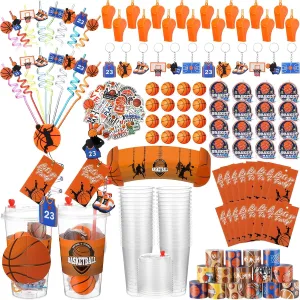 195 Pcs Basketball Party Favors Set Goodie Bag Stuffer with Cup Straw Sleeve Bouncy Ball Pinball Machine Whistle Keychain Sticker Clap Bracelet for Sport Reward Birthday Gift Party Supplies