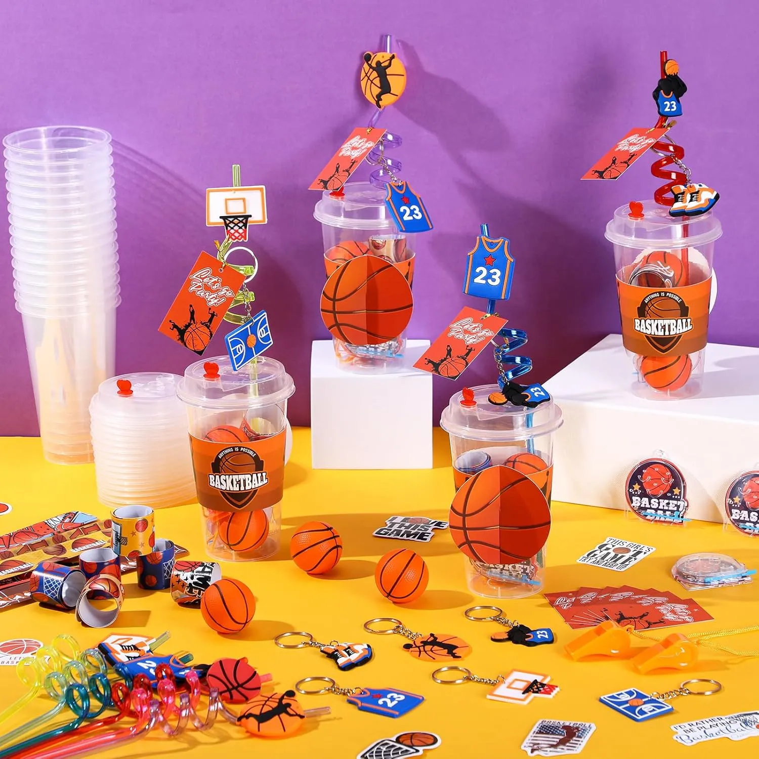 195 Pcs Basketball Party Favors Set Goodie Bag Stuffer with Cup Straw Sleeve Bouncy Ball Pinball Machine Whistle Keychain Sticker Clap Bracelet for Sport Reward Birthday Gift Party Supplies